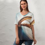 yanfind V Neck T-shirt for Women Gateshead Millennium Bridge United Kingdom Landmark River Tyne Exposure Sunset Boat Curve Summer Top  Short Sleeve Casual Loose