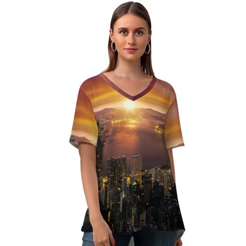yanfind V Neck T-shirt for Women Anek Suwannaphoom Hong Kong Cityscape Sunrise City Lights Summer Top  Short Sleeve Casual Loose