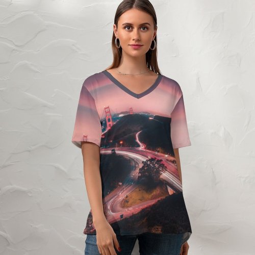 yanfind V Neck T-shirt for Women Justin W Golden Gate Bridge Sunset Traffic San Francisco USA Summer Top  Short Sleeve Casual Loose
