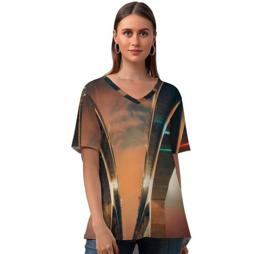 yanfind V Neck T-shirt for Women Luan Oosthuizen Architecture Bridges Structure Lights Dusk Clouds Sky Summer Top  Short Sleeve Casual Loose