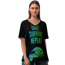 yanfind V Neck T-shirt for Women Black Dark Quotes Games PUBG Survive Loot Repeat PUBG Helmet Summer Top  Short Sleeve Casual Loose