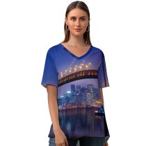 yanfind V Neck T-shirt for Women GoMustang Bay Bridge San Francisco–Oakland Bay Bridge Night City Lights Urban Summer Top  Short Sleeve Casual Loose