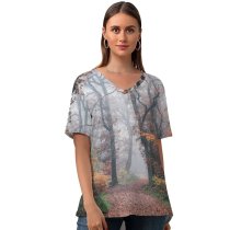 yanfind V Neck T-shirt for Women Autumn Forest Fall Foliage Trees Foggy Morning Summer Top  Short Sleeve Casual Loose