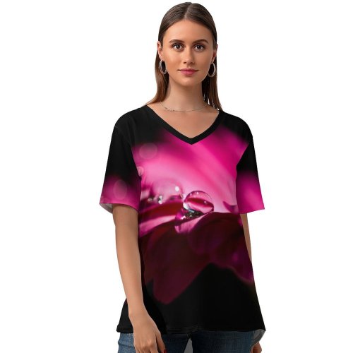 yanfind V Neck T-shirt for Women Flowers Daisy Gerbera Daisy Dew Drops Droplets Summer Top  Short Sleeve Casual Loose