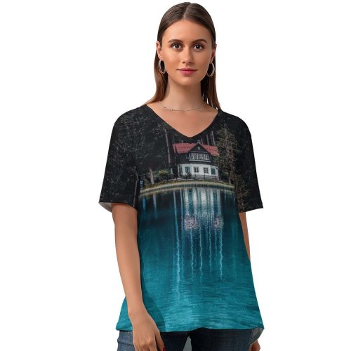 yanfind V Neck T-shirt for Women Eberhard Grossgasteiger Dark Forest Tall Trees Woods Lake Reflection Landscape Scenery Summer Top  Short Sleeve Casual Loose