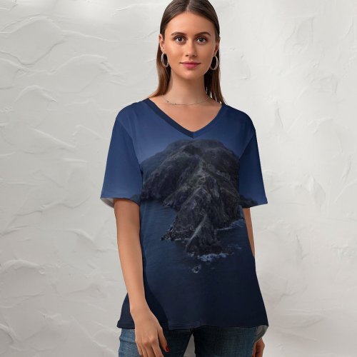 yanfind V Neck T-shirt for Women MacOS Catalina Mountains Island Night Summer Top  Short Sleeve Casual Loose