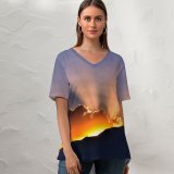 yanfind V Neck T-shirt for Women Sunset Hills Sun Rays Clouds Summer Top  Short Sleeve Casual Loose