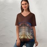 yanfind V Neck T-shirt for Women Trey Ratcliff National Centre for Performing China Light Glass Modern Architecture Dome Summer Top  Short Sleeve Casual Loose