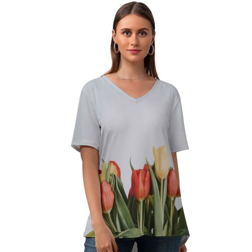 yanfind V Neck T-shirt for Women Arrangement Bouquet Petal Pottery Public Jar Wallpapers Vase Plant Tulip Tulips Summer Top  Short Sleeve Casual Loose
