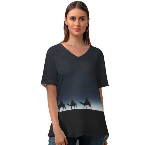 yanfind V Neck T-shirt for Women Black Dark Camels Silhouette Moon Dark Night Sky Stars Summer Top  Short Sleeve Casual Loose