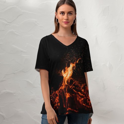 yanfind V Neck T-shirt for Women Clay Banks Black Dark Bonfire Dark Campfire Flame Night Time Burning Outdoor Summer Top  Short Sleeve Casual Loose