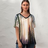yanfind V Neck T-shirt for Women Thiago Garcia Fantasy Girl Alone Forest Mystic Surreal Portal Dream Summer Top  Short Sleeve Casual Loose