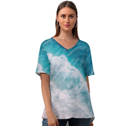 yanfind V Neck T-shirt for Women Pok Rie Ocean Waves Aerial Drone Photo Summer Top  Short Sleeve Casual Loose