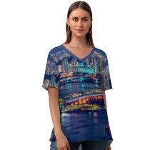 yanfind V Neck T-shirt for Women Daniam Chou Hong Kong City Cityscape Nightlife Skyscrapers Waterfront Reflections River Nighttime Summer Top  Short Sleeve Casual Loose