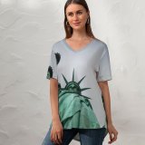 yanfind V Neck T-shirt for Women Clock Building Nyc Lady Wallpapers Architecture Free York Monument Art Pictures Summer Top  Short Sleeve Casual Loose