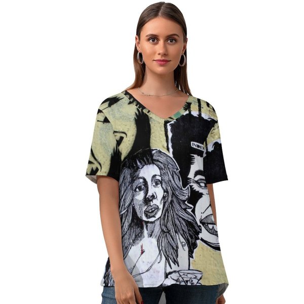 yanfind V Neck T-shirt for Women Tech Wall Ottawa Art Street Graffiti Mural Visual Design Summer Top  Short Sleeve Casual Loose