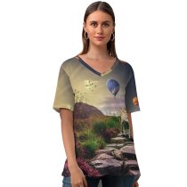 yanfind V Neck T-shirt for Women Mirolim Mirsolixov Deer Hot Air Balloons Sunrise Landscape Stone Staircase Summer Top  Short Sleeve Casual Loose