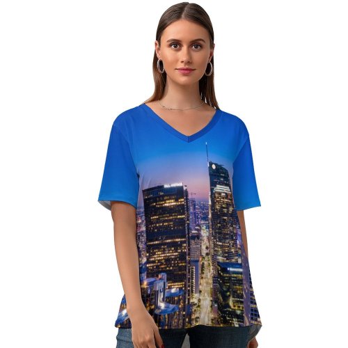 yanfind V Neck T-shirt for Women Cameron Venti Los Angeles City City Cityscape Aerial Hour Horizon Clear Sky Summer Top  Short Sleeve Casual Loose