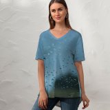 yanfind V Neck T-shirt for Women Thunderstorm Storm Rain Patterns Abstrakt Cool Wet Window Glass Sparkles Abstract Rainy Summer Top  Short Sleeve Casual Loose