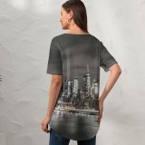 yanfind V Neck T-shirt for Women Lerone Pieters Manhattan Bridge Brooklyn Cityscape Night City Lights York City USA Summer Top  Short Sleeve Casual Loose