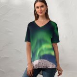 yanfind V Neck T-shirt for Women Aurora Borealis Northern Lights Mountains Snow Covered Landscape Astronomy Stars Night Sky Summer Top  Short Sleeve Casual Loose