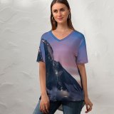 yanfind V Neck T-shirt for Women Matterhorn Mountain Dusk Peak Sunrise Switzerland Summer Top  Short Sleeve Casual Loose