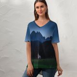 yanfind V Neck T-shirt for Women Forest Mountains Grassland Countryside Starry Sky Sky Scenic Summer Top  Short Sleeve Casual Loose