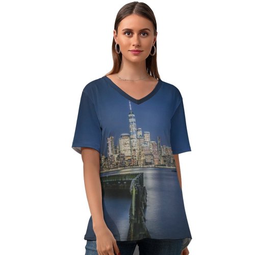 yanfind V Neck T-shirt for Women Lerone Pieters Hudson River Waterfront Walkway Jersey City Cityscape Night City Lights Summer Top  Short Sleeve Casual Loose