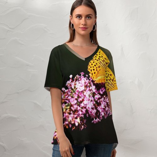 yanfind V Neck T-shirt for Women Flowers Fritillaries Butterfly Flowers Selective Focus Blur Closeup Summer Top  Short Sleeve Casual Loose