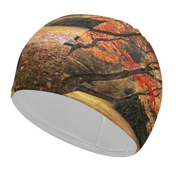 yanfind Swimming Cap William Warby Maple Trees Autumn Leaves Wooden Bench Beautiful Scenery Elastic,suitable for long and short hair