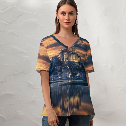 yanfind V Neck T-shirt for Women Grafixart Mont SaintMichel Island Ancient Architecture Reflection Night Sunset Dawn Evening Sky Summer Top  Short Sleeve Casual Loose