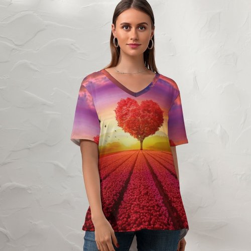 yanfind V Neck T-shirt for Women Elena Dudina Heart Tree Flower Garden Flowers Landscape Scenery Beautiful Birds Sunrise Summer Top  Short Sleeve Casual Loose