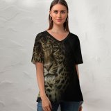 yanfind V Neck T-shirt for Women Black Dark Leopard Wild Dark Summer Top  Short Sleeve Casual Loose