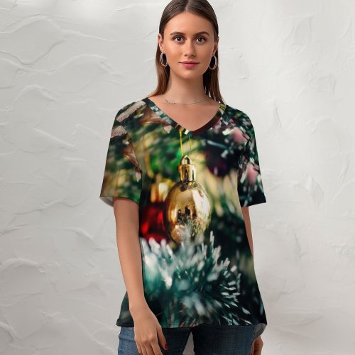 yanfind V Neck T-shirt for Women Rodion Kutsaev Celebrations Christmas Decoration Balls Tree Summer Top  Short Sleeve Casual Loose