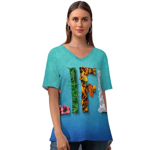yanfind V Neck T-shirt for Women Comfreak Quotes Life Seasons Spring Summer Autumn Winter Flowers Leaves Snow Grass Summer Top  Short Sleeve Casual Loose