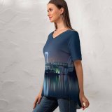yanfind V Neck T-shirt for Women Nihongraphy Rainbow Bridge Tokyo Japan Suspension Bridge Waterfront Silhouette Cityscape City Lights Summer Top  Short Sleeve Casual Loose