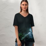 yanfind V Neck T-shirt for Women Travis Schluter Fantasy Cute Girl Enchanted Forest Magical Surreal Glowing Smiling Fairy Summer Top  Short Sleeve Casual Loose