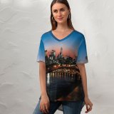 yanfind V Neck T-shirt for Women Matteo Catanese Williamsburg Bridge York City Suspension Bridge City Lights Night Cityscape Summer Top  Short Sleeve Casual Loose