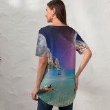 yanfind V Neck T-shirt for Women Jessica Wright Holidays Moon Starry Sky Tour Seascape Boating Collage Couple Honeymoon Summer Top  Short Sleeve Casual Loose