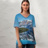 yanfind V Neck T-shirt for Women Trey Ratcliff Snow Mountains Lake Reflection Sky Landscape Clouds Summer Top  Short Sleeve Casual Loose