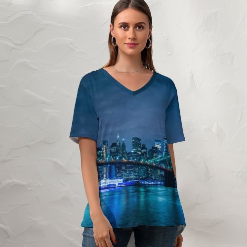 yanfind V Neck T-shirt for Women Brooklyn Bridge Manhattan Waterfront York Cityscape Night Life Clear Sky Architecture Summer Top  Short Sleeve Casual Loose