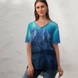 yanfind V Neck T-shirt for Women Moon Aurora Borealis Mountains Winter Forest Night Summer Top  Short Sleeve Casual Loose
