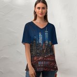 yanfind V Neck T-shirt for Women Luca Bravo Brooklyn Bridge Manhattan York City Cityscape City Lights Night Urban Summer Top  Short Sleeve Casual Loose