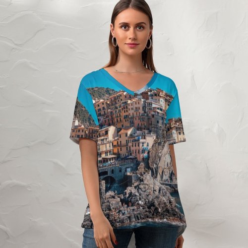 yanfind V Neck T-shirt for Women Cinque Terre Coastline Buildings Town Rocks Harbor Cliff Italy Summer Top  Short Sleeve Casual Loose