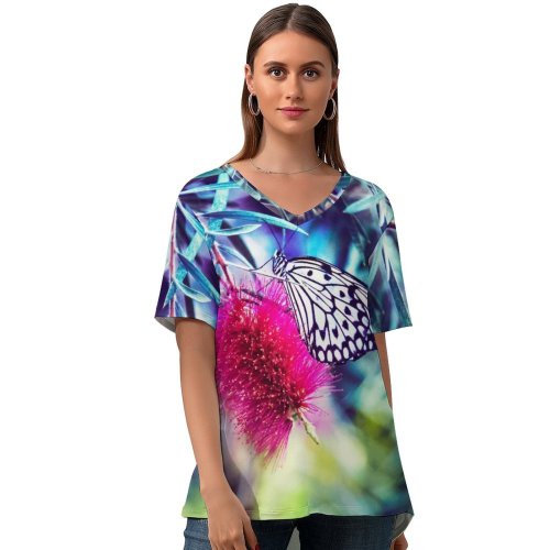 yanfind V Neck T-shirt for Women Insect Colorful Flora Montreal Wing Petal Stem Wallpapers Plant Bloom Antenna Summer Top  Short Sleeve Casual Loose