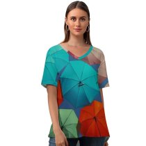 yanfind V Neck T-shirt for Women Mattia Astorino Umbrellas Multicolor Colorful Vibrant Sky Summer Top  Short Sleeve Casual Loose