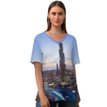 yanfind V Neck T-shirt for Women Les Corpographes Burj Khalifa Dubai Cityscape Skyscrapers Dusk Clearsky Sunset Aerial City Summer Top  Short Sleeve Casual Loose