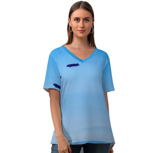 yanfind V Neck T-shirt for Women Blimp Space Land Letter Bodensee Airship Idyllic Sky Wallpapers Clear Sea Summer Top  Short Sleeve Casual Loose
