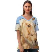 yanfind V Neck T-shirt for Women Horse Fence Portrait Bokeh Summer Top  Short Sleeve Casual Loose