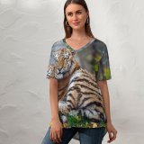 yanfind V Neck T-shirt for Women Tambako Jaguar Young Tigress Carnivore Autumn Leaves Grass Wild Big Cat Predator Summer Top  Short Sleeve Casual Loose